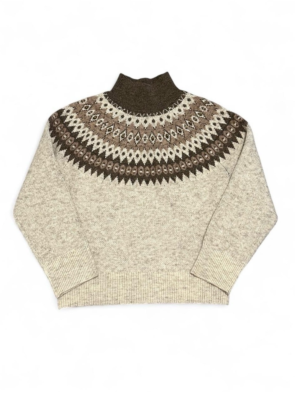 Women’s Joie Beige and Brown Geometric Print Mock Neck Knit Beaded Sweater S